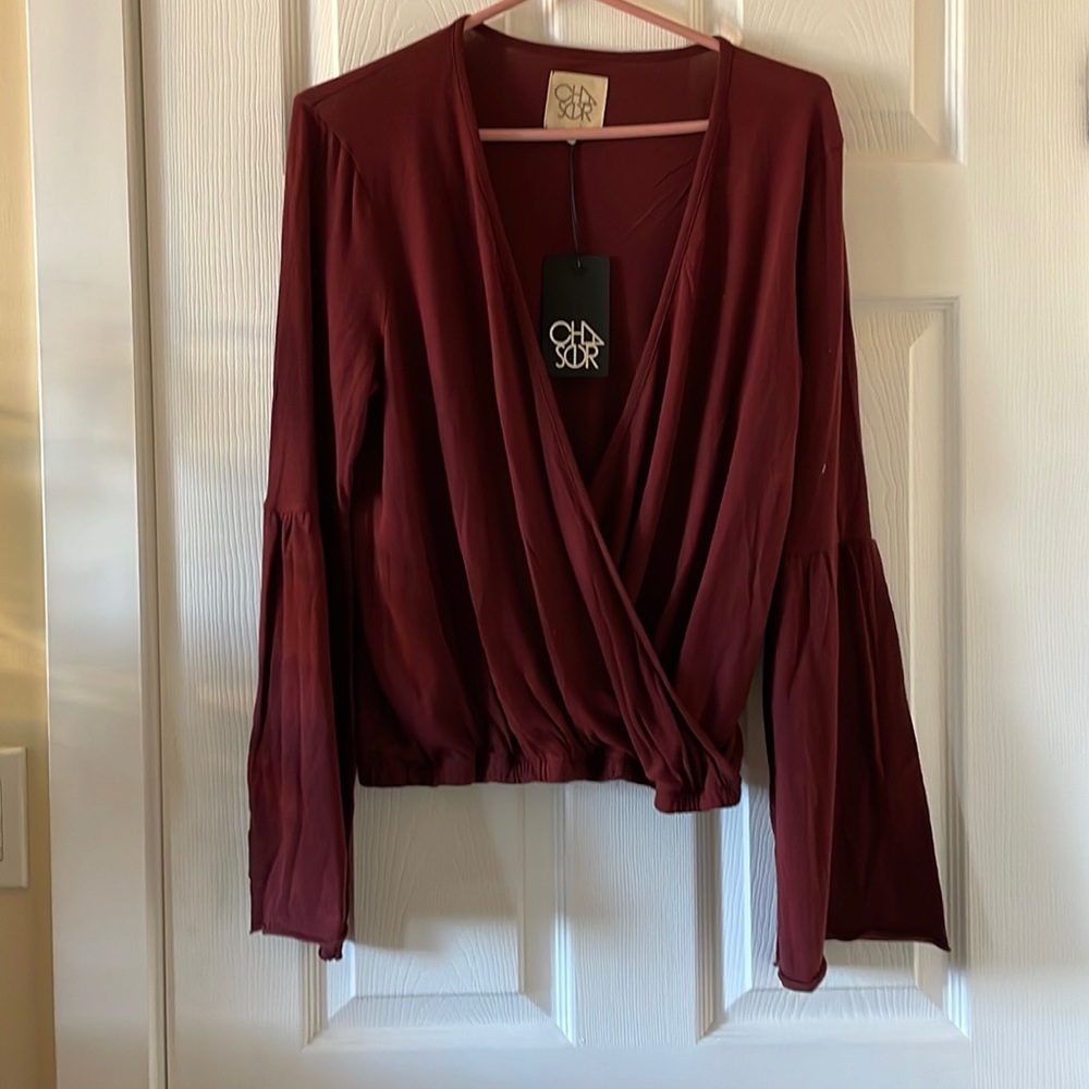 Chaser jersey witchy boho bell sleeve surplice top wine red burgundy maroon